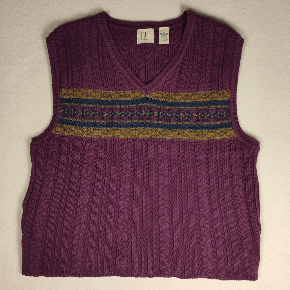 Gap Vintage Mens XL Purple Fair Isle Cable Knit V-Neck Sweater Vest